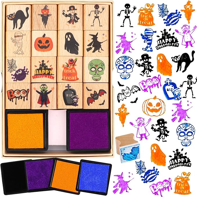 HOWAF 20 Pack Halloween Wooden Stamps Set, Halloween Crafting Stamps for Adults Kids Favors