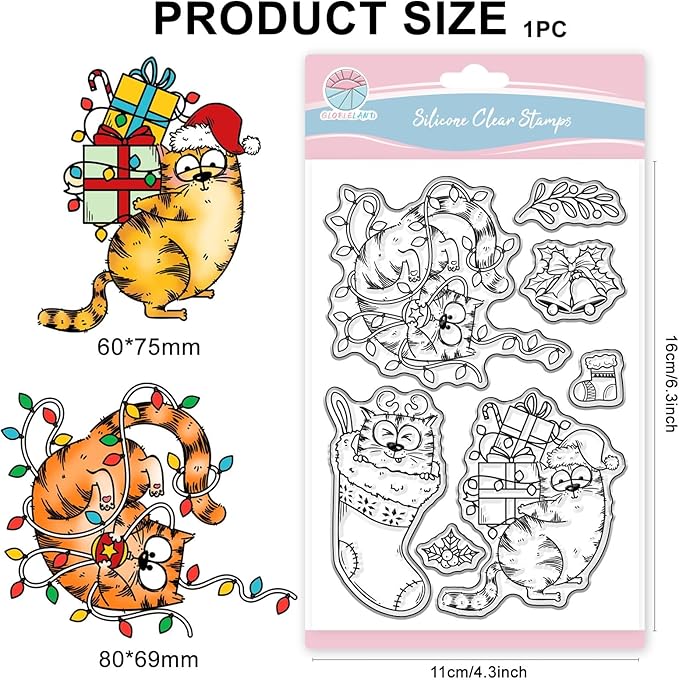 GLOBLELAND Christmas Comic Cat Clear Stamp for Card Making Cartoon Cats Silicone Stamps Christmas Stockings Transparent Stamp for DIY Scrapbooking Embossing Journaling