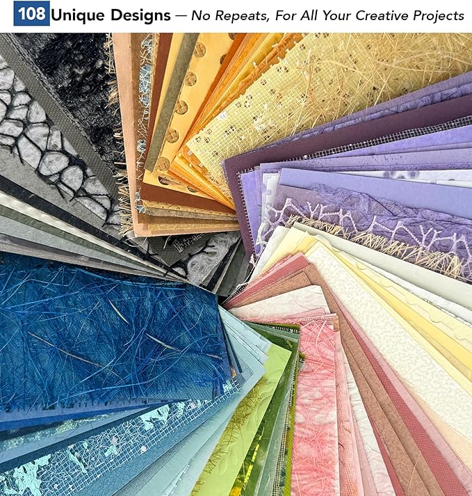 108 Sheets Unique Textured Scrapbook Paper and Mesh Fabric Set - 9 Pack No Repeat Special Paper Assorted Mixed for Scrapbooking Planner Junk Journal Supplies Media Collage Card 3.9x5.5 Inch