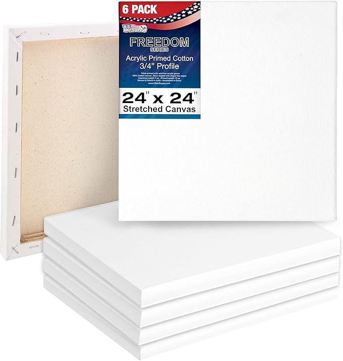 U.S. Art Supply 24 x 24 inch Stretched Canvas 12-Ounce Triple Primed, 6-Pack - Professional Artist Quality White Blank 3/4" Profile, 100% Cotton, Heavy-Weight Gesso - Acrylic Pouring, Oil Painting