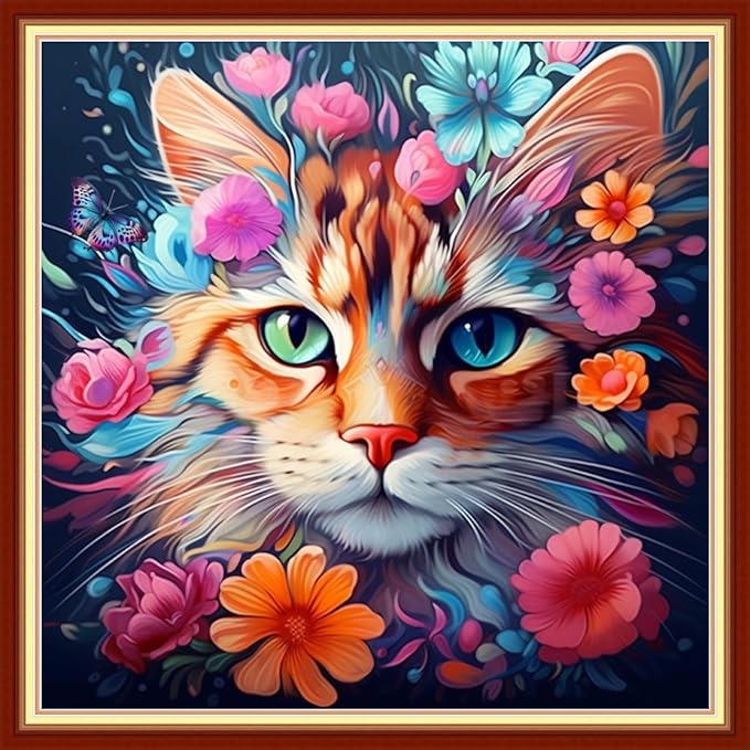 Findvoor Stamped Cross Stitch Kits for Beginner Embroidery Kits for Beginners Adults DIY 11CT Cross Stitch Patterns Needlepoint Kits Crossstitching Kits-Cat Flowers 18x18 inch