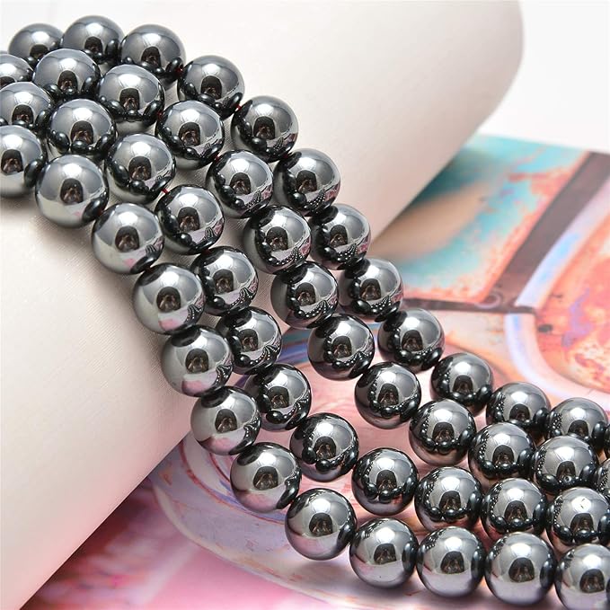 NCB 100Pcs 8mm Natural Stone Beads - Black Hematite Gemstone Round Loose Stone Spacer Energy Healing Beads with Free Crystal Stretch Cord for Jewelry Making