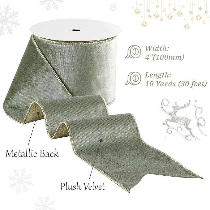 Sage Green Velvet Wired Ribbon with Glitter Back 4 Inch Green and Gold Christmas Ribbon Wired Ribbon for Christmas Tree, Gift Wrapping, Crafts, Wreaths Supplies, Topper Bows (10 Yards)