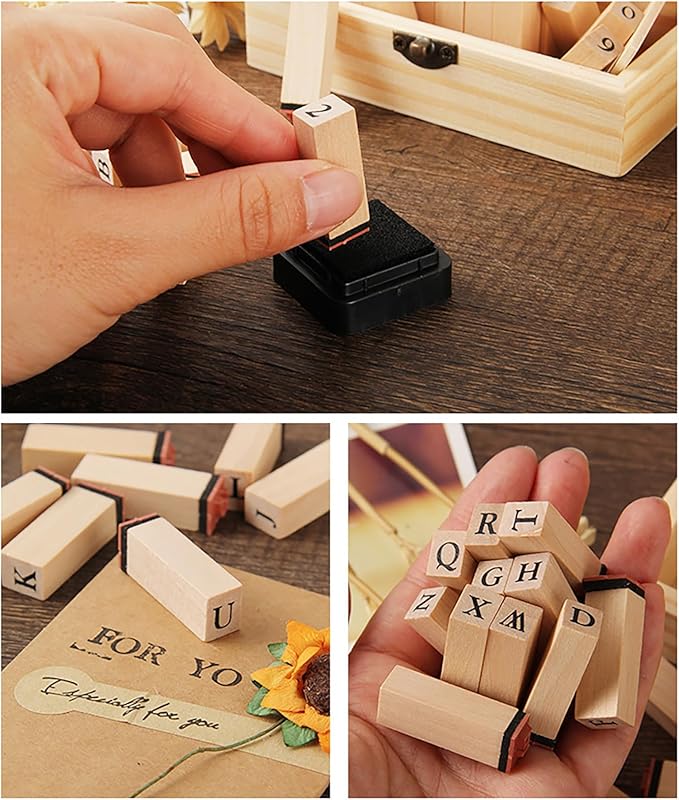 36Pcs Wooden Rubber Stamps Number Letter Alphabet Stamps Mini Cute DIY Stamps Set for Craft Decorating Scrapbooking and Wedding Invitation Cards (36pcs A)