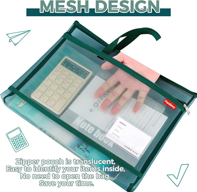 Pendancy Mesh Zipper Pouch A3 Size, Large Double Pocket Lightweight Nylon Transparent File Bag with Handle, 13x17 in Foldable Document Storage for Puzzle Project/Cross Stitch/Travel/Office (Green)