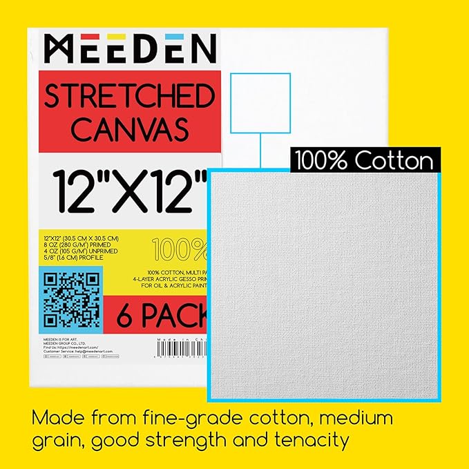 MEEDEN Stretched Canvas, 12 × 12 Inch, Pack of 6, Blank White Canvases for Painting, 100% Cotton, 12 oz Gesso-Primed, Pre-Stretched Canvas for Acrylic Oil Pouring & Airbrushing Painting