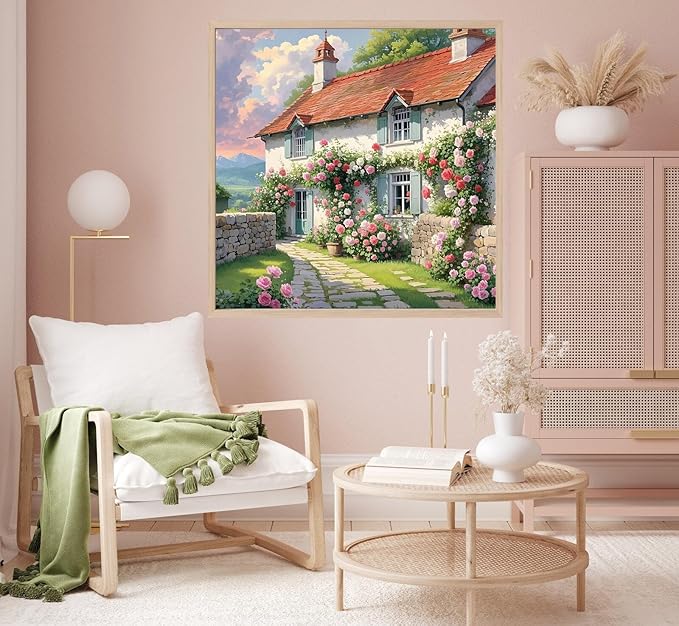 Flower House Diamond Painting Kits for Adults, 5D Diamond Art Painting by Numbers Kits, DIY House Diamond Dots Art Kits, Full Round Drill Diamond Art Kits for Adults for Home Wall Decor, 14x14 inch