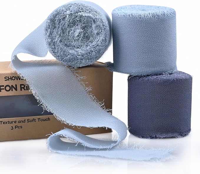 3 Rolls Gray Blue Handmade Fringe Chiffon Ribbon 1.5 Inch x 7 Yard Silk-Like Colorful Rustic Ribbon for Bouquets Wrapping Decor Wedding Invitation Accessories