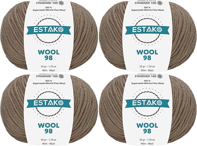 Estako Wool 98 (4- Skeins Pack) 100% Superwash Merino Wool Medium Worsted Weight Soft Knitting and Crochet Yarn (4 x 1.76 oz) (4 x 98 yds) (6360-Light Brown)