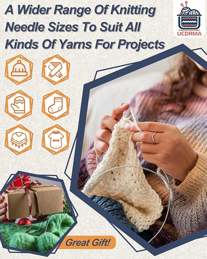 UCDRAMA 90PC Knitting Needles Set Beginners Knitting Kit with Yarn, Metal Single-pointed + Circular Knitting Needle Set US0-15 (2-10mm) with Knitting Accessories, Knitting Set for Beginner Adults/Kids