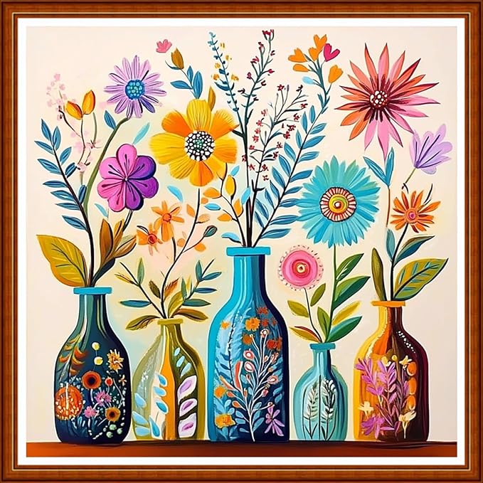 Funart Stamped Cross Stitch Kits for Beginners Full Range of Cross Stitching Preprinted Embroidery Kits for Adults, 11CT Embroidery Pattern Needlepoint Kits-Colorful Flower vase 18x18 inch