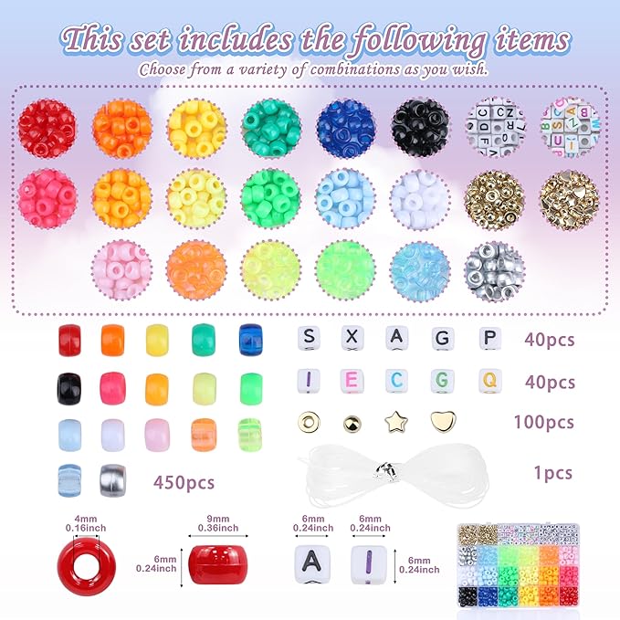 XIANNVXI 530pcs Pony Beads Kit for Friendship Bracelet 18color 9mm Pony Kandi Letter Beads Kit for Jewelry Making DIY Crafts