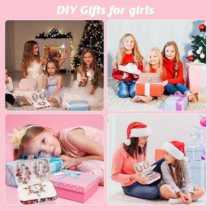 YJK Charm Bracelet Making Kit, 5-12 Year Old Girl Birthday Gifts, 133 Pcs DIY Beaded Jewelry Making Kit with Jewelry Box, Creative Crafts for Girls, Charm Necklace Making kit for Girls (Red & Pink)