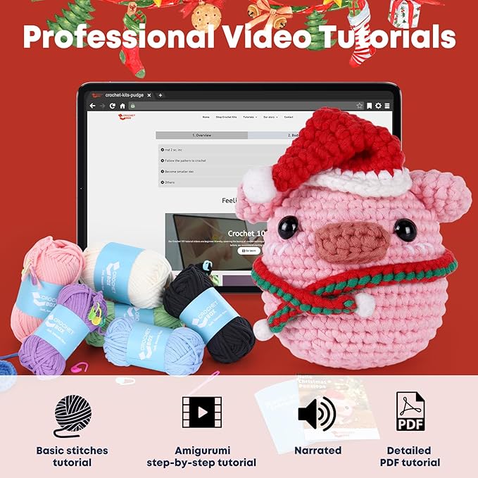 CrochetBox Crochet Kit for Beginners Adults - Christmas Pig Starters Crochet Kit, Beginners Crocheting Kitting for Adults Teen, Craft Gifts with Crochets Yarns, Hook, Step-by-Step Video, Instruction