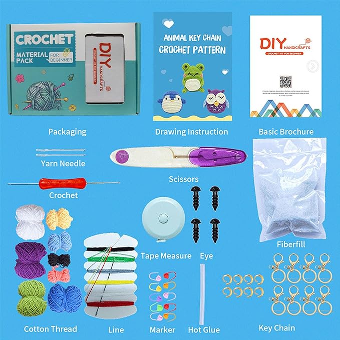 HKEUZEZO Beginners Crochet Kit Animal Knitting Set, 3 Pattern-Owl Penguin Frog Crochet Yarn with Step-by-Step Video Tutorials, Learn to Crochet Kits for Kids Adult