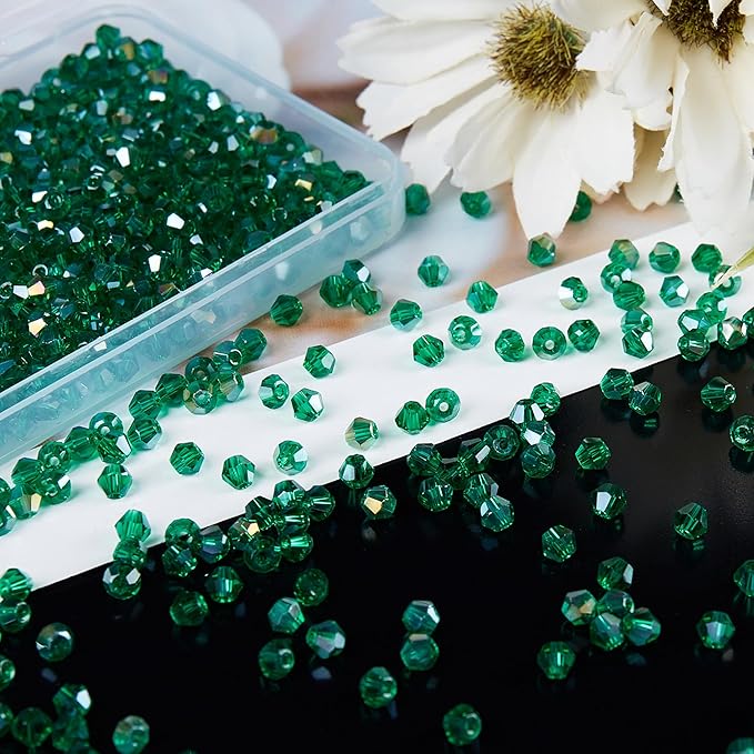 1100PCS 4mm Bicone Crystal Glass Beads for Jewelry Making, Sparkling Mini Beads for Suncatchers, DIY Bracelets & Craft Projects (Malachite Green)