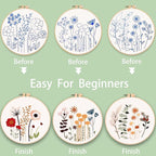Ohcol 3 Sets Embroidery Kit,Needlepoint Kits for Adults,Needle Point Cross Stitch Kits for Beginners with Washable Pre-Printed Floral Pattern,3 Hoops,Women DIY Hand Crafts