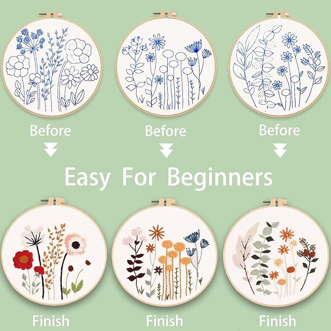 Ohcol 3 Sets Embroidery Kit,Needlepoint Kits for Adults,Needle Point Cross Stitch Kits for Beginners with Washable Pre-Printed Floral Pattern,3 Hoops,Women DIY Hand Crafts