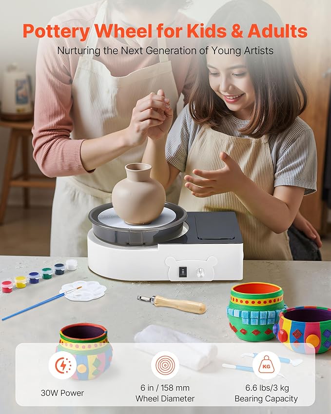 VEVOR Mini Pottery Wheel For Kids and Beginners, 6” Turntable, Two-way Rotation, Adjustable Speed, Complete Pottery Set with Clay Art Supplies Sculpting Tools, Craft Gifts for Kids Teens Adults, White