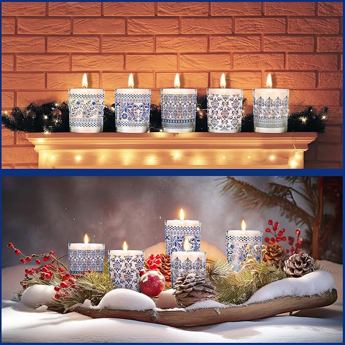 Ziliny 10 Pcs Christmas Blue and White Porcelain Glass Candle Jars Empty Containers Bulk 7 oz Ceramics Glass Jars with Cork Lids Tins for Candle Making Storing Biscuits Tea Party Favors