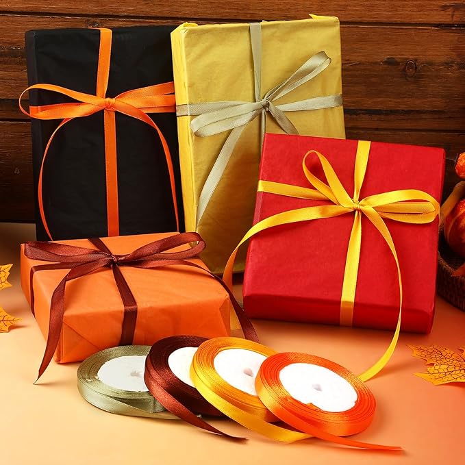 DECYOOL 4 Rolls 100 Yards Fall Ribbons, 10 mm Wide Autumn Thanksgiving Satin Ribbon for Wreath Bows Party Home Decoration Craft Wrapping (Orange, Yellow, Brown, Green)