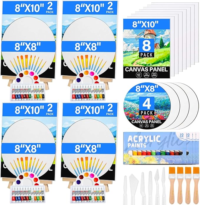 12 Pack 8x10” Canvas Boards and Round Canvas for Painting, Couple Painting Kit with Wood Easel, Acrylic Paint, Paint Brushes Set for Kids Teenagers Adults Date Night Sip and Paint Party