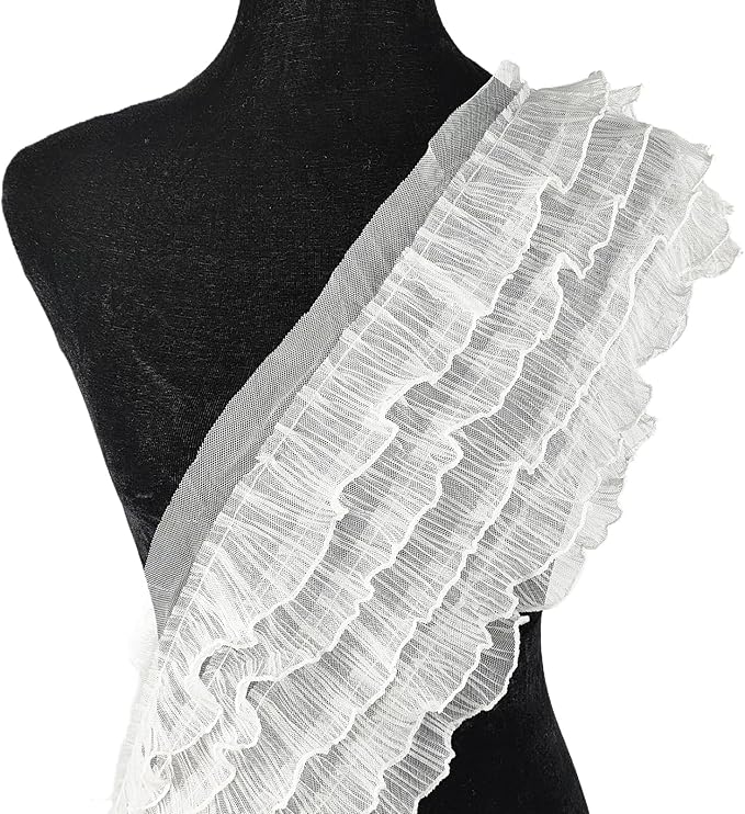 1 Yards White Pleated Lace Chiffon Fabric Elastic Lace Trim for Wedding Bridal Dress Decoration DIY Sewing Clothing Decoration, 6 Inch