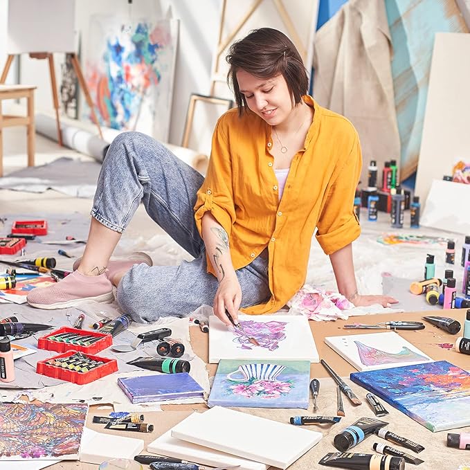 ARTEZA Stretched Canvas Multipack of 10 – 4x4, 5x7, 8x10, 9x12, 11x14 Inch Blank White Canvases for Acrylic, Oil, Gouache – Cotton, Pre-Primed