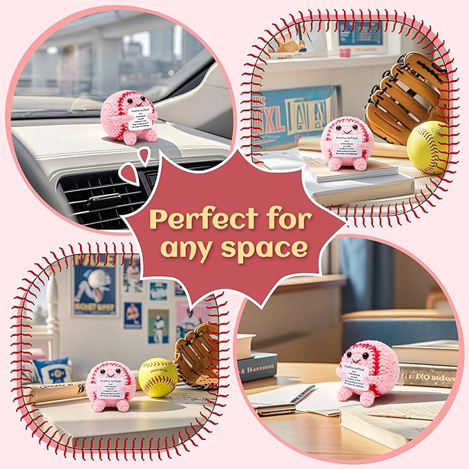 Mini Funny Positive Softball Gifts for Girls, Knitted Wool Softball Crochet Toy with Positive Card, Creative Cute Emotional Support Cheer Up Keepsake Gift for Kids Girls Women Friends Sister College