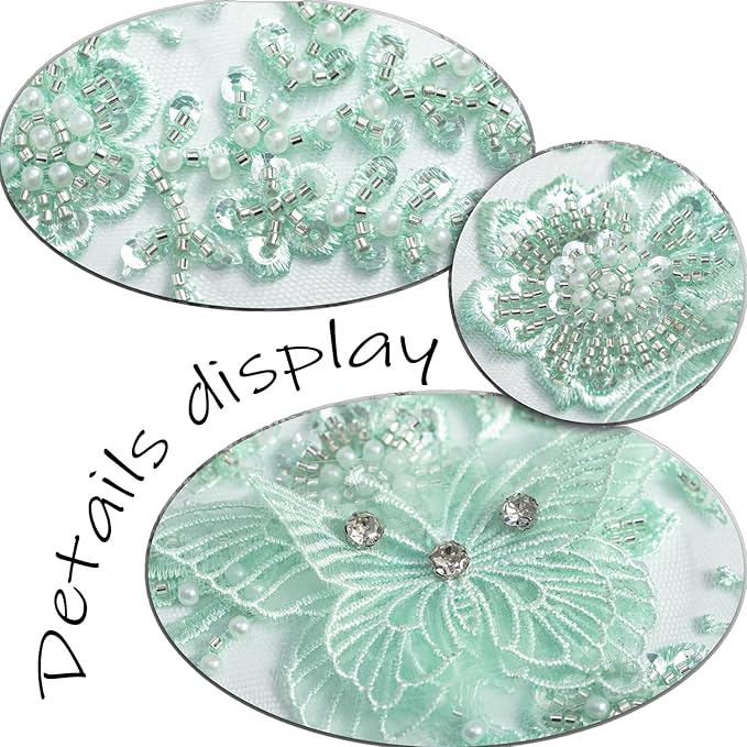 Flower Pearl Fabric Rhinestones Beaded Lace Applique,3D Butterfly Embroidered Lace Patch for Clothes,Dress (Green)