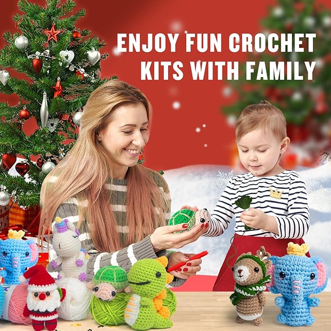 YOKISS 8Pcs Beginner Crochet Starter Kit, Creative Christmas Gifts & Birthday Gifts for Adults & Kids, Popular DIY Patterns, 40% Extra Yarn Crochet Animals Kits with Step-by-Step Video Tutorials