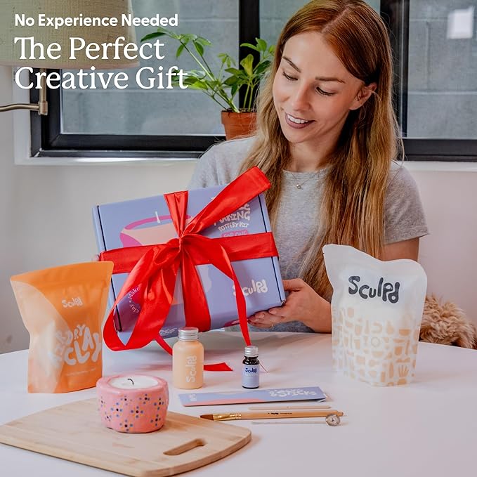 Sculpd Candle Making Pottery Kit for Adults with Air Dry Clay and Acrylic Paint Set, Non-Toxic Eco Soy Wax, Scented Fragrance Oil, Candle Glaze, Tools & Guide, 1 Candle, Peony Rose with Pastel Tones