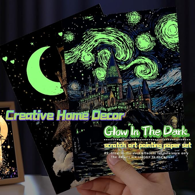Scratch Paper Art for Adult-Glow in The Dark Scratch Painting Craft Kit (8 Sheets A5)|DIY Foil Engraving Art Set|Stress Relief Gift for Craft Lovers|Creative Scratch Art Home Decor(Marine & Castle)