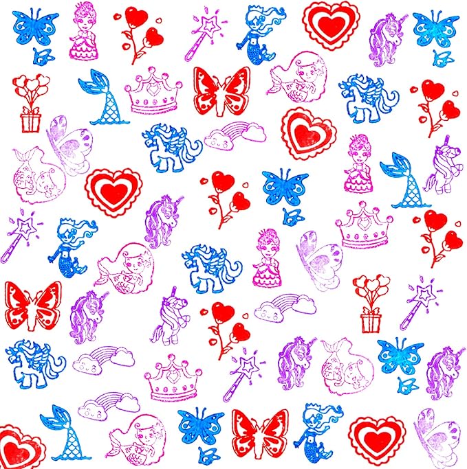 HOWAF 16pcs Wooden Stamps for Crafts - Mermaid, Princess, Heart, Butterfly Stamps with 4pcs Ink Pad - Unicorn, Rainbow, DIY Scrapbook Card Making, Party Bag Fillers, Gift Essentials for Kids