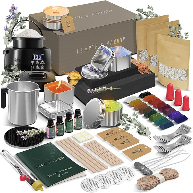 Hearth & Harbor Organic Soy Candle Making Kit for Adults, DIY Crafts, Complete Candle Making Supplies Include Natural Soy Wax, Tins, Electric Pot, Scents, Wicks & More – Gift Idea, Home Decor – 2 Lbs