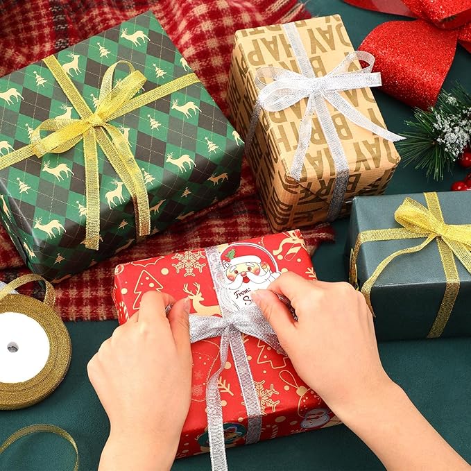 DECYOOL 4 Rolls 100 Yards Christmas Ribbons 10mm Wide Holiday Metallic Glitter Ribbons for Gift Wrapping and DIY Craft, Gold & Silver