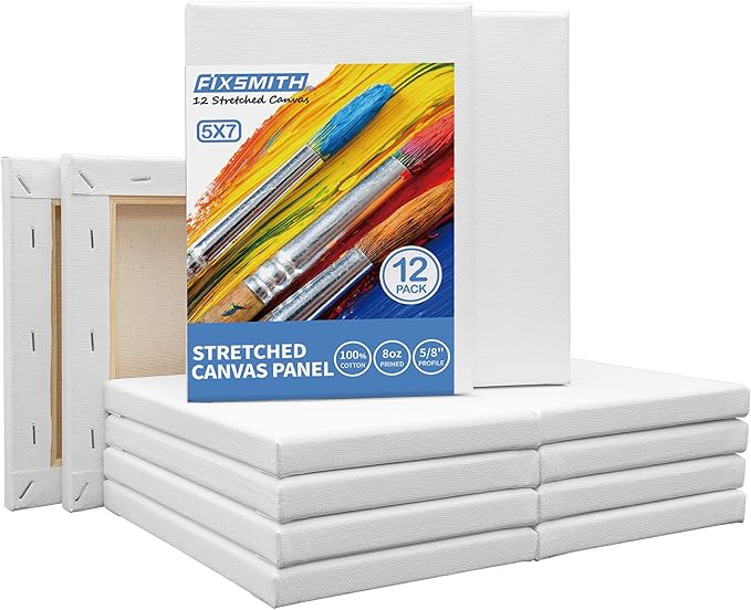FIXSMITH Stretched White Blank Canvas- 5x7 Inch,Bulk Pack of 12,Primed,100% Cotton,5/8 Inch Profile of Super Value Pack for Acrylics,Oils & Other Painting Media.