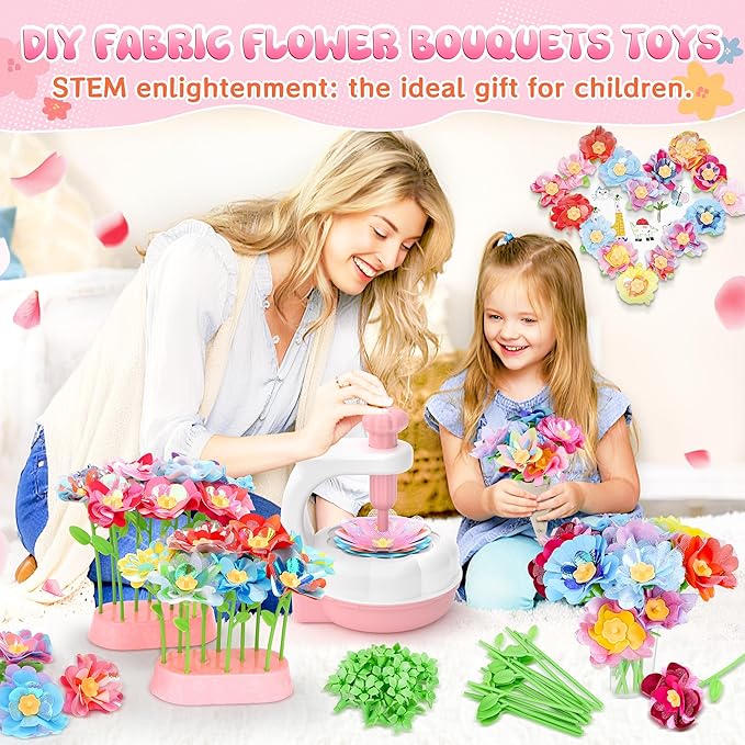 GirlsHome 300+PCS Fabric Flower Bouquets Toys, DIY Flower Crafts Kits for Kids, Arts and Crafts for Kids Ages 6-8 Girls, Flower Making Kit, STEM Educational Preschool Toy Christmas Gifts(White Pink)