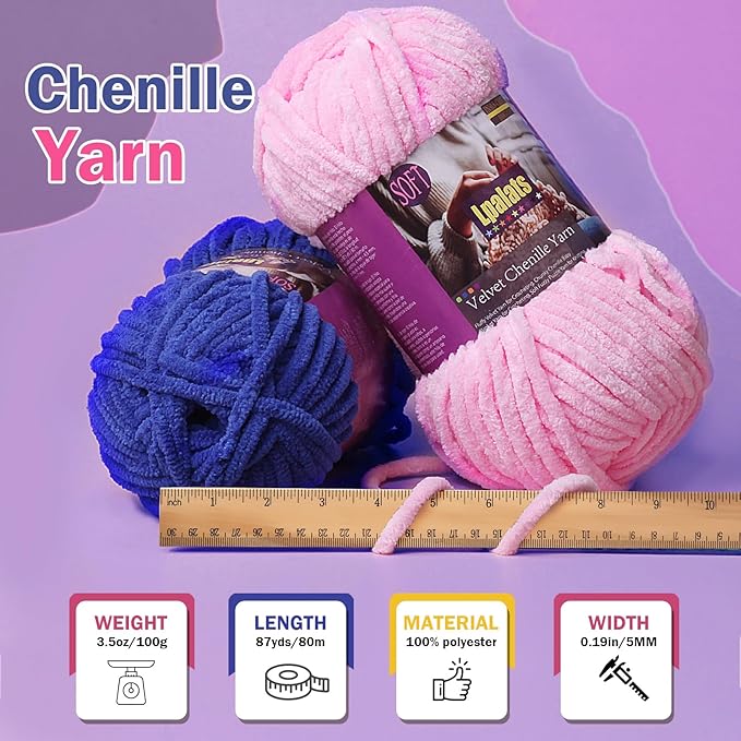 Chunky Chenille Yarn for Crocheting - 100g/3.5oz Baby Blanket Yarn for Crocheting Soft - 87 Yards Fluffy Thick Plush Yarns for Knitting Blankets Amigurumi (1, Light Purple)