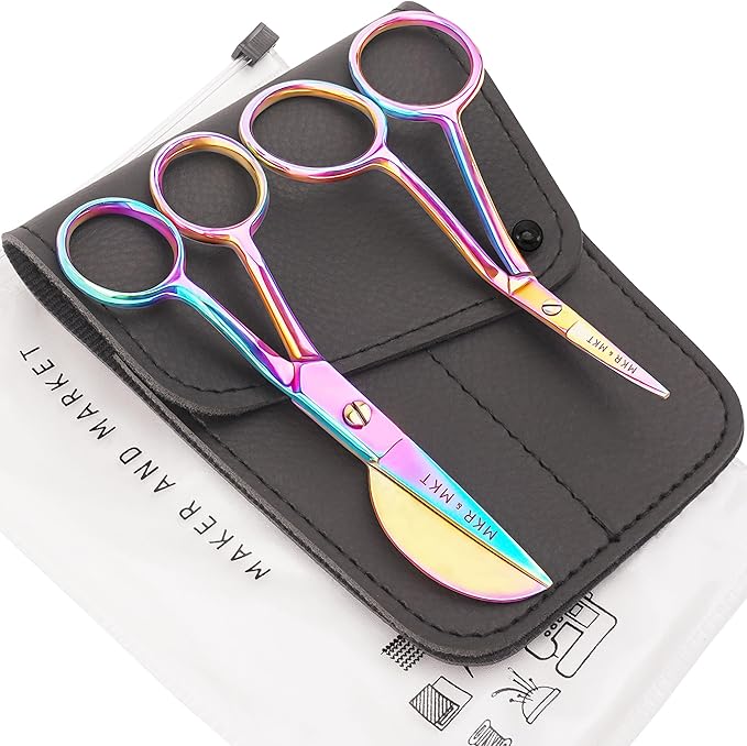 Small Embroidery 4.5 Inch Scissors Set of 2 Kit - Mini Double Bend Offset Duckbill and Double Bend Long Applique Needlepoint Blade with Pouch Sleeve (Rainbow)