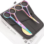 Small Embroidery 4.5 Inch Scissors Set of 2 Kit - Mini Double Bend Offset Duckbill and Double Bend Long Applique Needlepoint Blade with Pouch Sleeve (Rainbow)