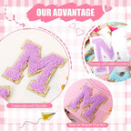 72 Pcs Preppy Chenille Patches Self Adhesive Embroidered for DIY Clothing,Include 52 A-Z Chenille Letter Patches Stickers,20 Rainbow Flower Lighting Bowknot Stick on Backpack Patches for Bags Hats