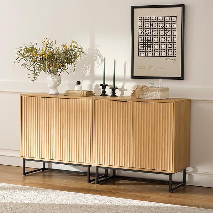 Fluted Storage Cabinet Set of 3,Sideboard Buffet Cabinet with Adjustable Shelves,Multifunctional Console Table with Storage Credenza Accent Cabinet for Living Room, Dining Room, Natural Oak