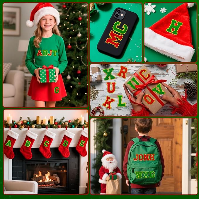 52 Pcs Red Green Christmas Patches Embroidered Chenille Letter Patches Self Adhesive for Clothing,A-Z Letter Stickers Sew on Repair Patches for Jackets Hats Backpacks