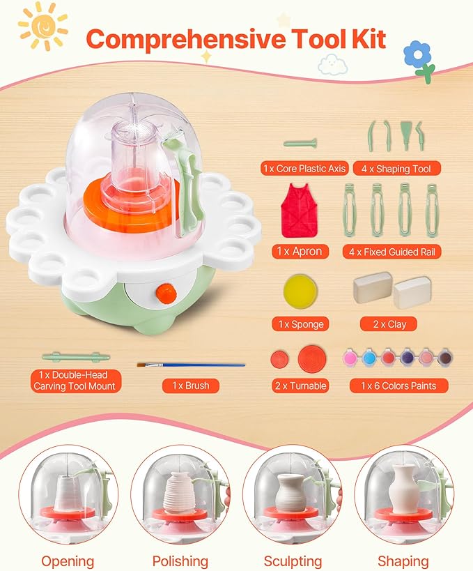 VEVOR Mini Pottery Wheel for Kids, DIY All-in-1 Complete Pottery Set with Clay Sculpting Tools, Two Turntables 2in/3in, Adjustable Speed, Arts & Crafts for Boys and Girls Christmas Gift, Green