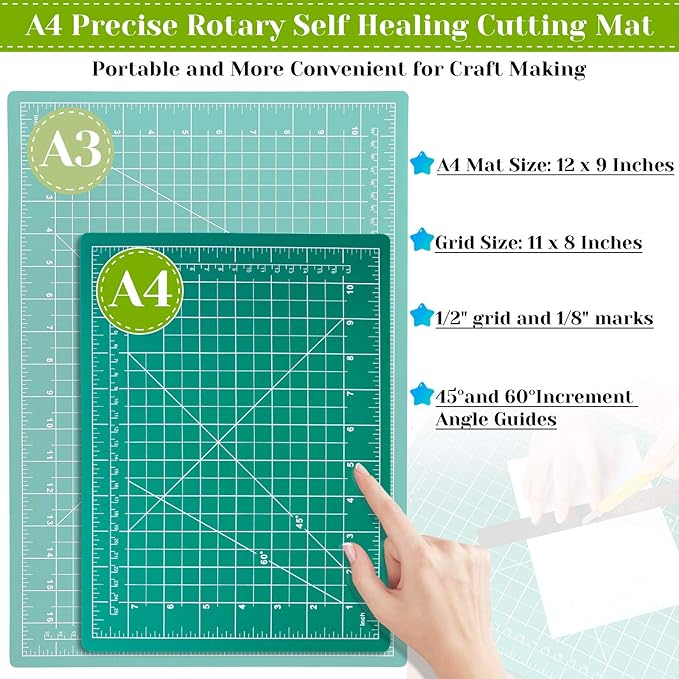 Rotary Cutter Set, Audab Self Healing Sewing Mats Rotary Cutter and Mat 45mm Rotary Fabric Cutter Set with 2 Blades Rotary Cutting Mat for Crafts Fabric Quilting Hobby (9" x 12" (A4))