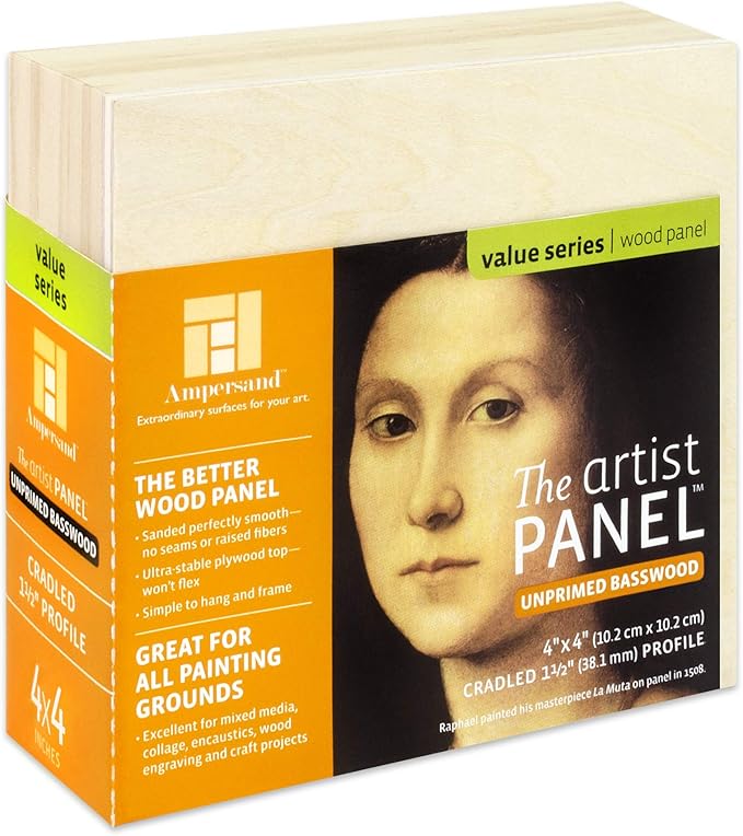 Ampersand Art Supply Unprimed Basswood Artist Panel, 1-1/2" Cradled Profile, 4"x4"
