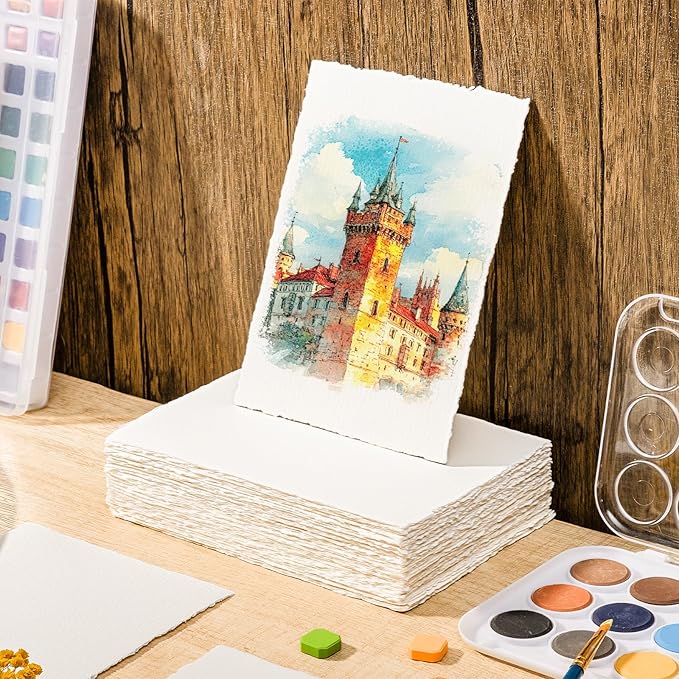 100 Sheets Watercolor Paper 4 x 6inch, 300 GSM Deckled Edge Paper Rough/Textured Handmade Paper for Watercolors, Wedding Invitations, Cards, Crafts