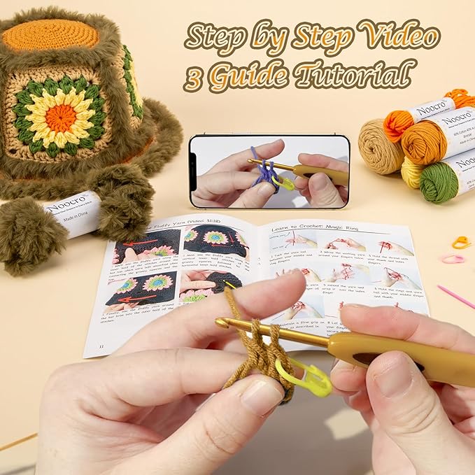 Noocro Crochet Kit for Beginners or Intermediate Level, Fuzzy Granny Square Bucket Hat, Step by Step Video Tutorial, Detailed Instruction Complete Kit Craft Supplies Holiday Gift (Olive Grove)