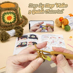 Noocro Crochet Kit for Beginners or Intermediate Level, Fuzzy Granny Square Bucket Hat, Step by Step Video Tutorial, Detailed Instruction Complete Kit Craft Supplies Holiday Gift (Olive Grove)